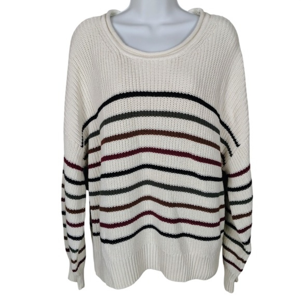 Gap Womens XL Cream Striped Shaker Stitch‎ 100% Cotton Knit Sweater Long Sleeve
